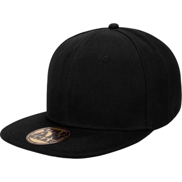 A black cap with a flat brim and a round crown, featuring a branding logo on the front.