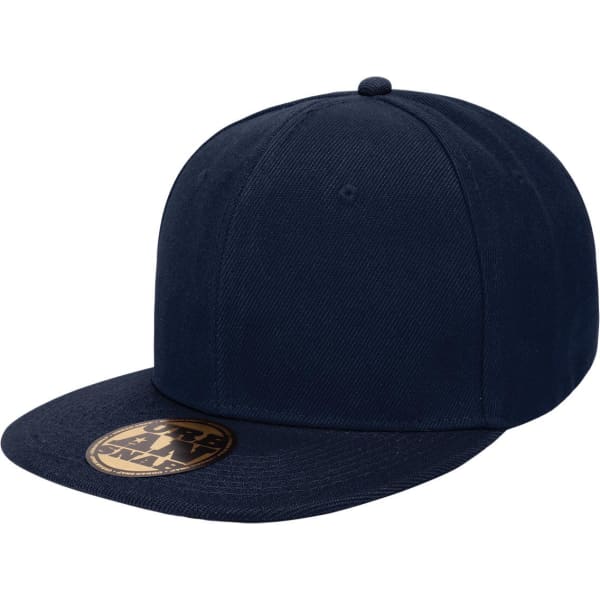 A navy cap featuring a flat brim and a branding logo on the front.