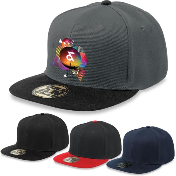 A grey cap with a black peak and a colourful geometric design, accompanied by options in black, dark green, and red.