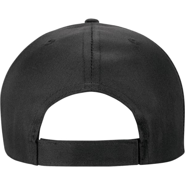 A black polycotton cap featuring a rear adjustable strap and branding on the side.