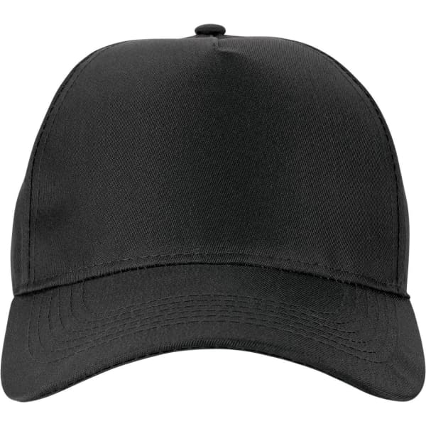 A black polycotton cap featuring a structured design and an adjustable strap at the back.