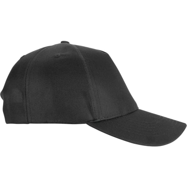 A black polycotton cap with a curved brim and a logo on the front.