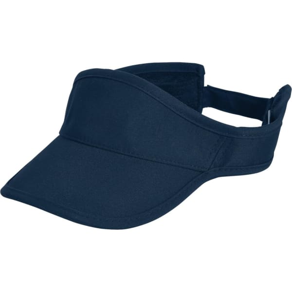 A navy sports visor with a wide brim and an adjustable strap. It features branding on the side.