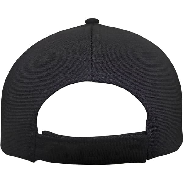A black Ottoman cap featuring a flat brim and an adjustable strap at the back, with a logo present.