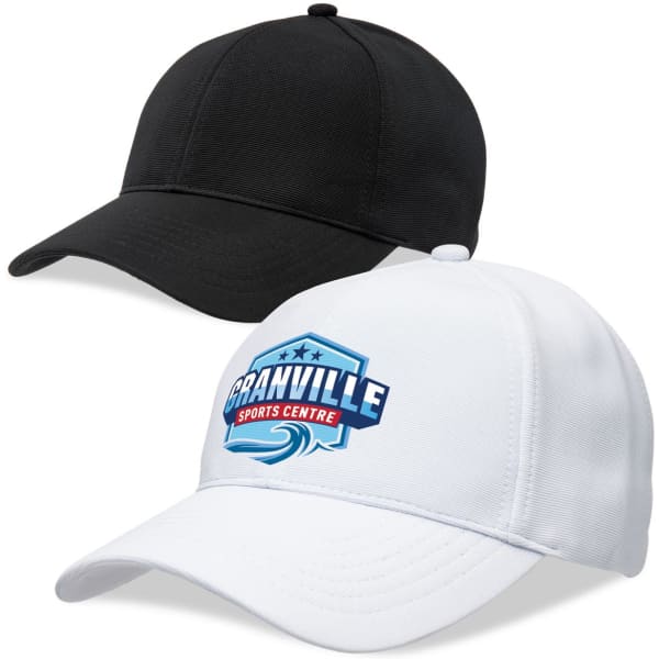 A black and a white cap with a logo, featuring a structured design and curved brims.