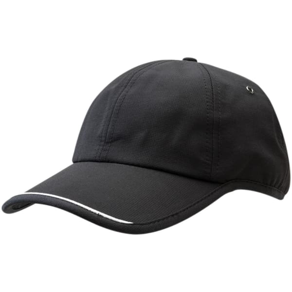 A black cap with a curved brim and a white accent along the front. It features a logo on the side.