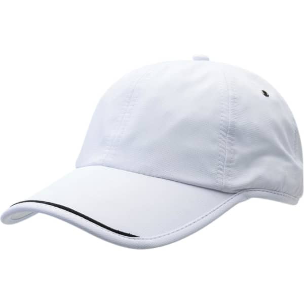 A white cap with a curved brim, featuring a black accent and a logo on the side.