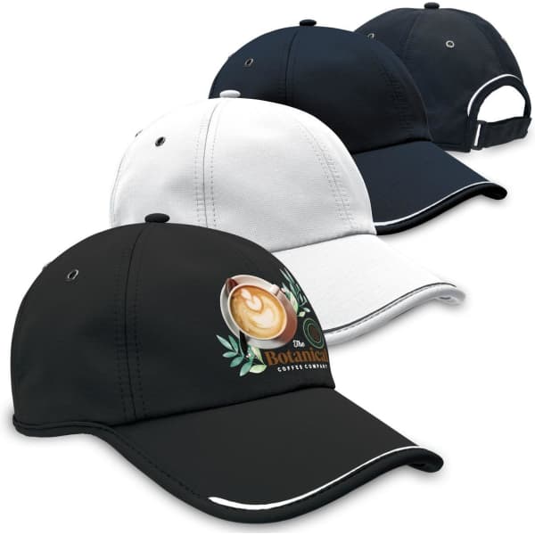 Four caps are displayed in black, white, and navy, featuring a logo on the front of each.