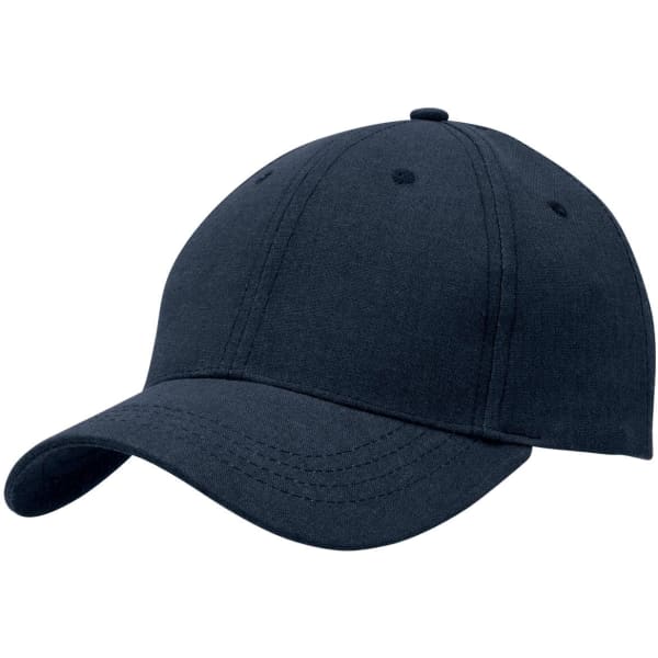 A dark navy cap made from hemp, featuring a rounded crown and a curved brim. It includes a branding logo.