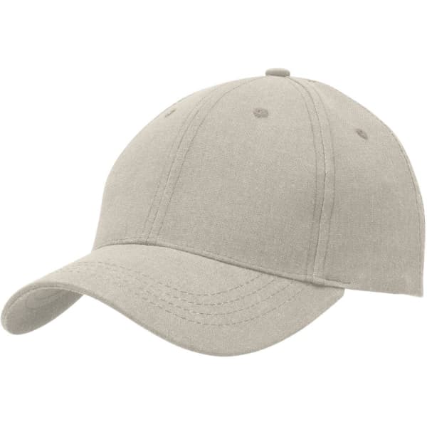 A beige cap with a structured design and a curved peak, featuring branding on the side.