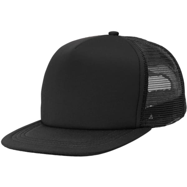 A black Flat Peak Trucker cap featuring a solid front panel and a mesh back, with a logo on the side.