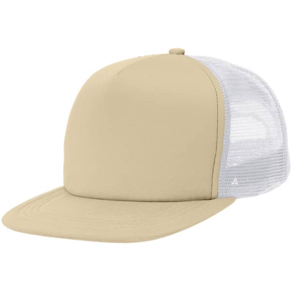 A flat peak trucker cap in beige with a mesh back. The cap features a structured design and a logo.