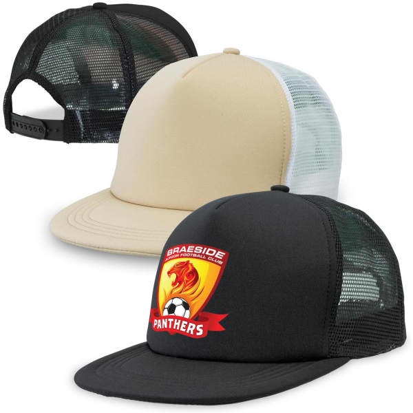 Three trucker caps in black, beige, and black with a logo, featuring a flat peak and mesh back.