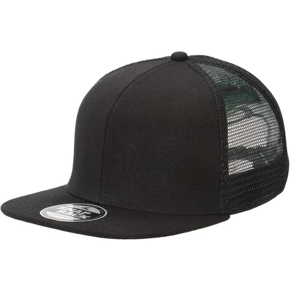 A black snapback trucker cap featuring a solid front panel and mesh back. It has a logo on the front.