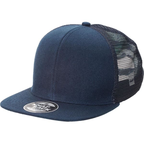 A navy blue Snapback Trucker cap with a mesh back and a branded logo on the front.