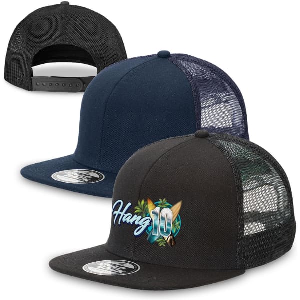 A collection of Snapback Trucker caps in navy and black, featuring mesh panels and a logo on the front.
