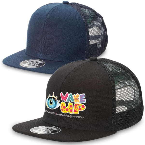 Two trucker caps in navy and black with mesh backs. One features a logo.