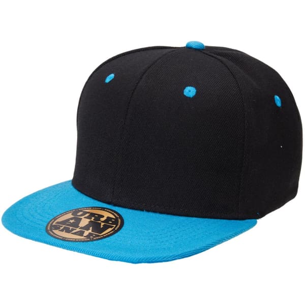 A black snapback cap with a blue brim, featuring a logo on the front.