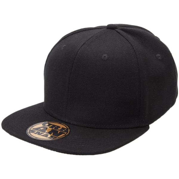 A black snapback cap with a flat brim and a logo on the front.