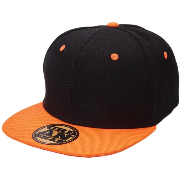 A black and orange snapback cap featuring a logo on the front and orange accents on the brim and buttons.
