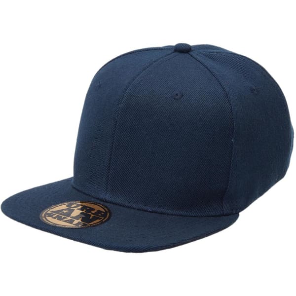 A dark navy snapback cap with a flat brim and a logo on the front.
