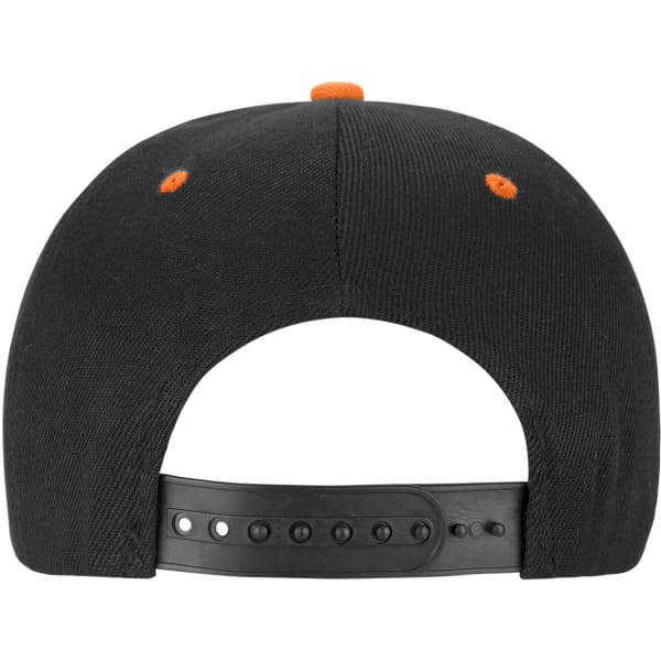 A black snapback cap featuring orange detailing and an adjustable snap closure on the back.