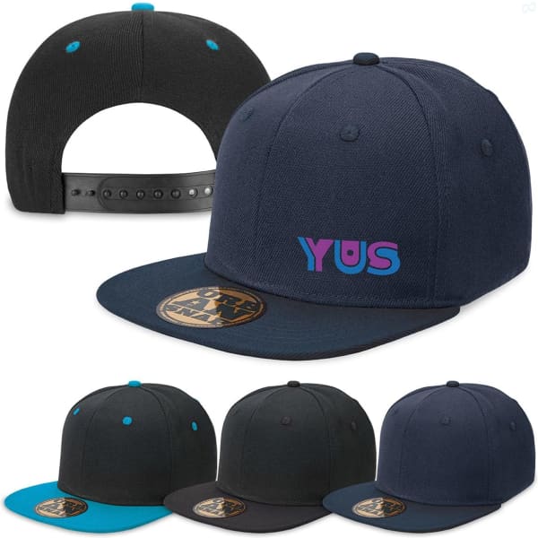 A navy blue snapback cap with a flat brim, featuring a logo, and accented with bright blue details.