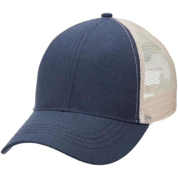 A navy blue trucker cap with a mesh back and a curved brim. It features a logo on the front.