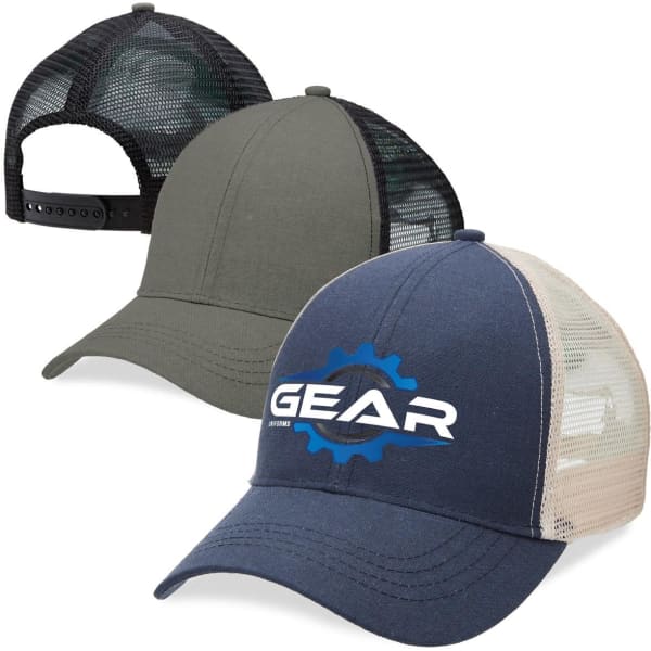 A collection of three trucker caps featuring a navy blue cap with a logo, an olive green cap, and a black mesh cap.