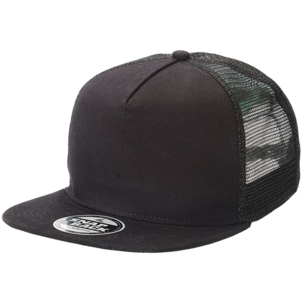 A black Chino Flat Peak Trucker cap featuring a solid front and mesh back. It includes a branding logo.