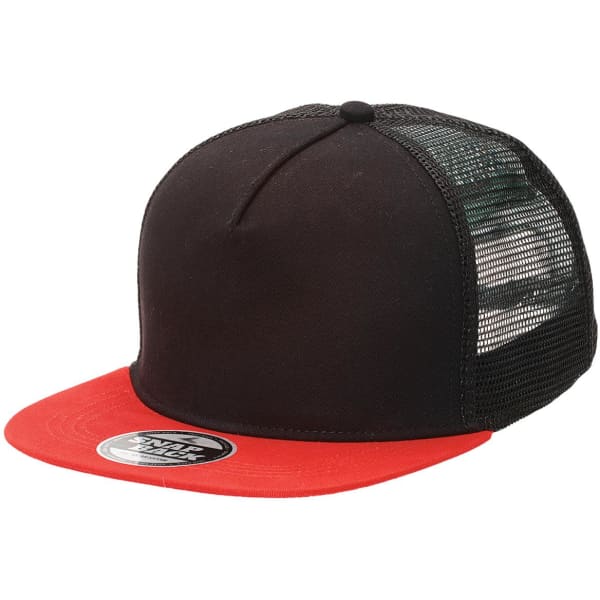 A black and red trucker cap with a flat peak and a mesh back, featuring a logo on the front.