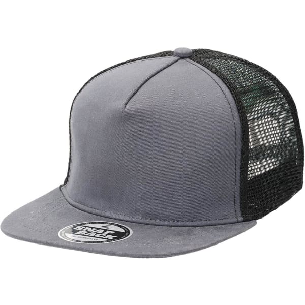 A grey Chino Flat Peak Trucker cap with a black mesh back and a circular logo on the front.