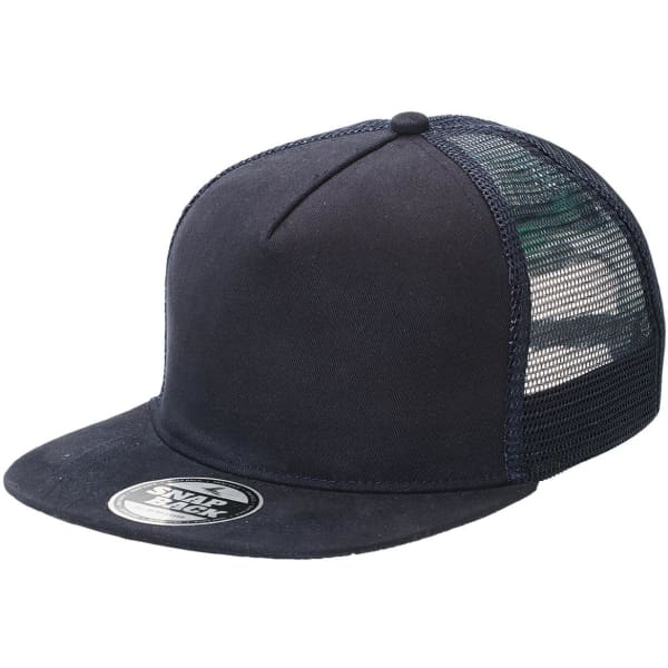 A black Chino Flat Peak Trucker cap featuring a mesh back and an embroidered logo on the front.