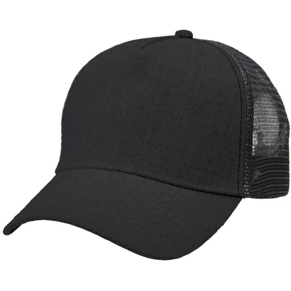A black heathered mesh trucker cap featuring a solid front and mesh sides, with a logo on the front.