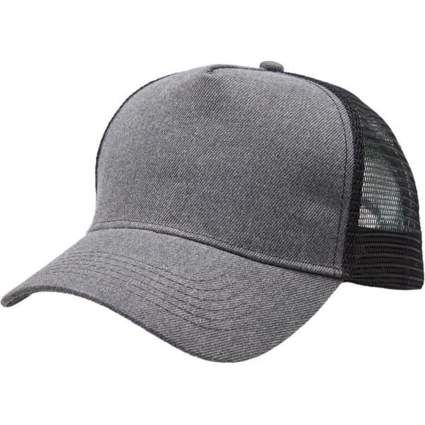 A grey heathered mesh trucker cap with a structured front and breathable black mesh sides, featuring a logo.