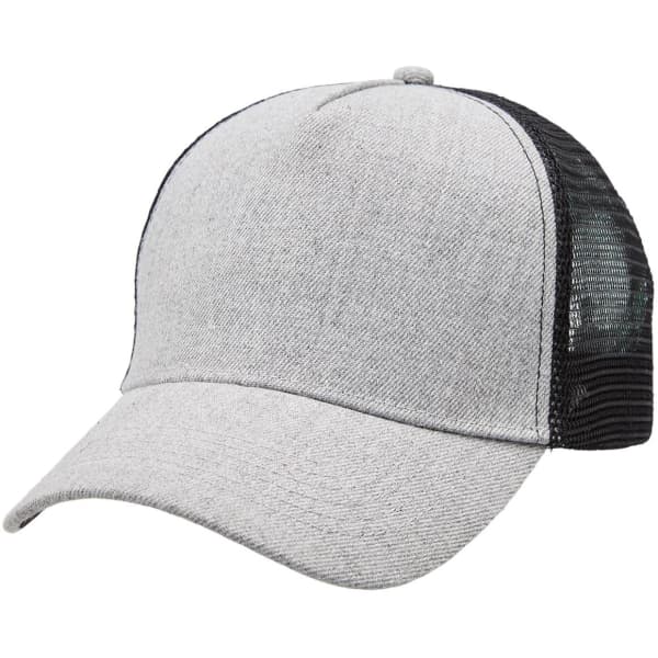 A grey heathered mesh trucker cap with a black mesh back and a curved brim. Features a logo on the front.