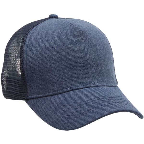 A heathered blue mesh trucker cap featuring a solid front and mesh back design.