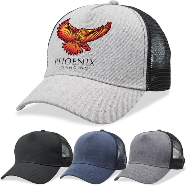 A heathered grey trucker cap with a black mesh back, featuring a logo, available in black, navy, and charcoal.
