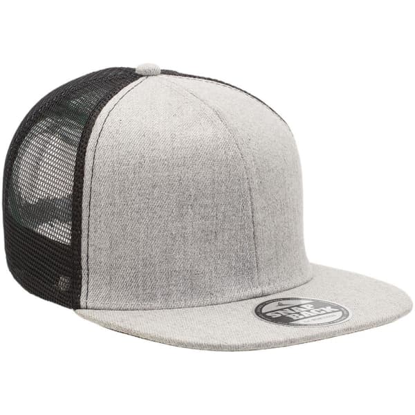 A grey and black trucker cap with a flat peak and mesh back, featuring a logo on the front.