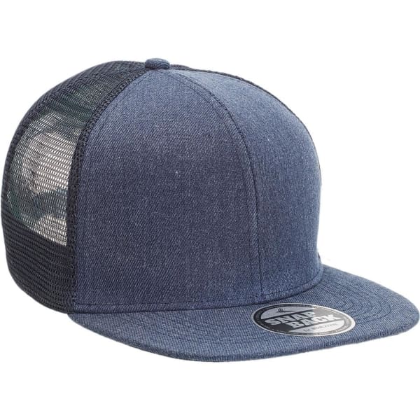 A blue heathered flat peak trucker cap with a mesh back and a branded patch on the front.