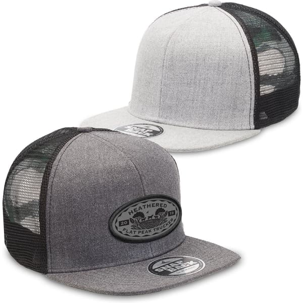 A grey and black heathered flat peak trucker cap featuring a logo on the front and mesh panels on the sides.