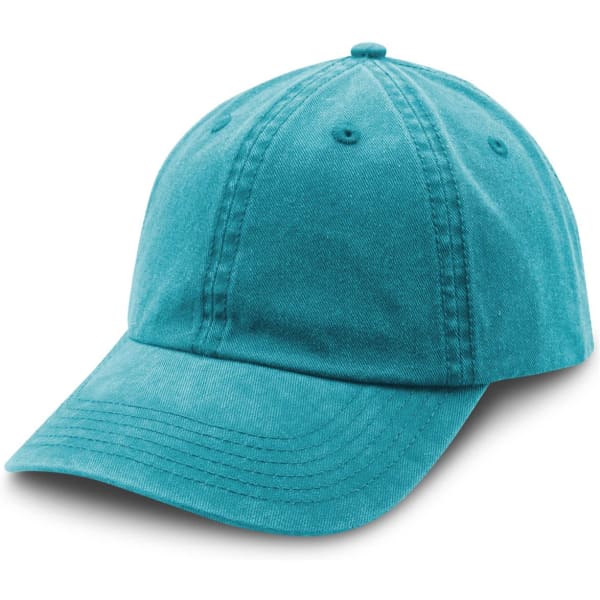 A turquoise cap with a curved brim and six panels, featuring a logo on the front.