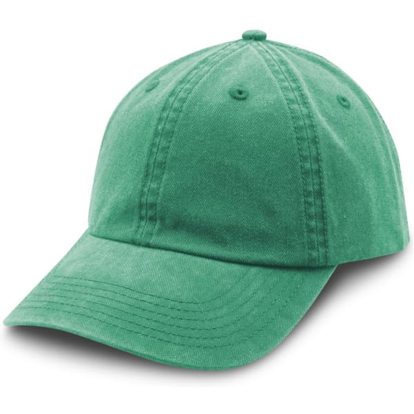 A green washed chino cap with a curved brim and a logo on the front.