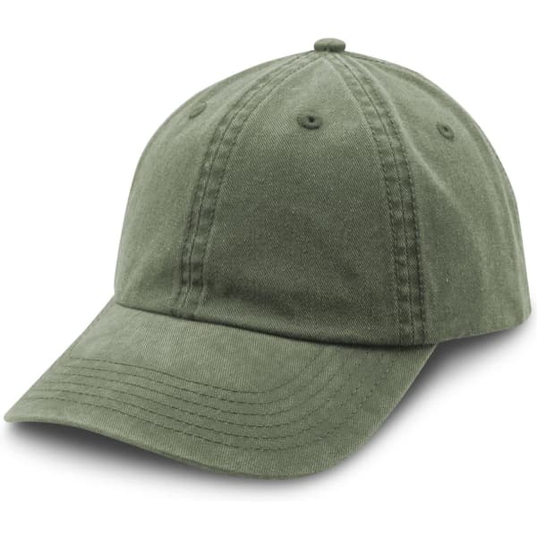 A olive green cap with a curved brim and six-panel construction, featuring a logo on the front.