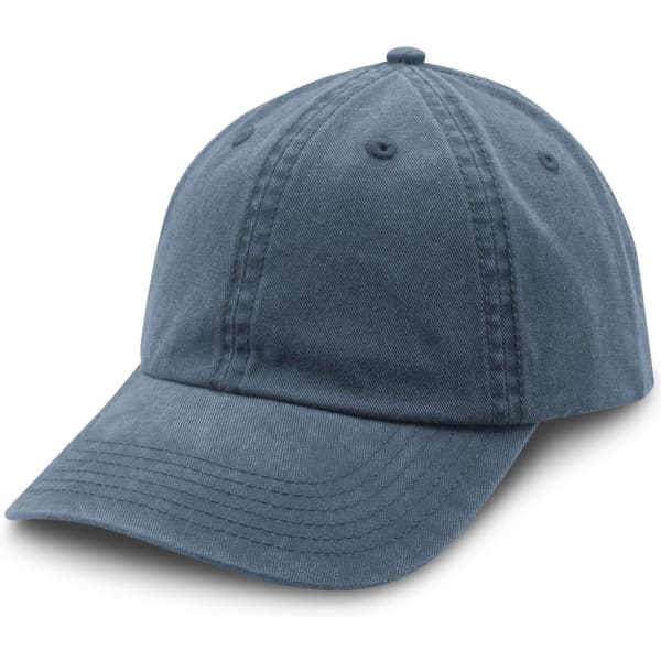 A navy blue cap with a rounded crown and a curved brim, featuring stitching details and a logo.