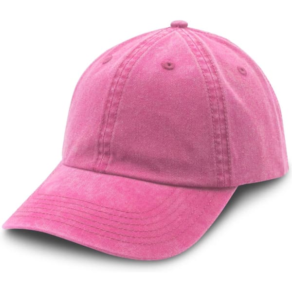 A pink washed chino cap with a curved brim and eyelet ventilation. Features a branding logo on the front.