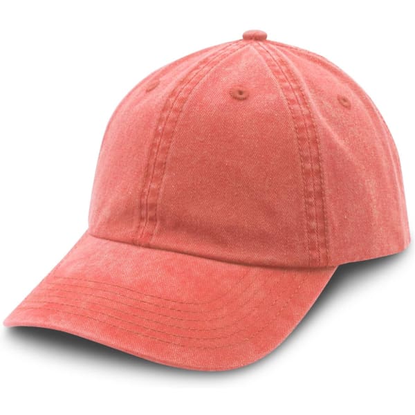 A washed chino cap in a soft coral colour with a curved brim and an adjustable back. It features a logo.