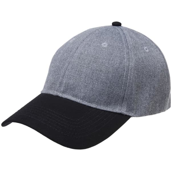 A curved cap featuring a grey heather top and a black brim, with a logo on the front.