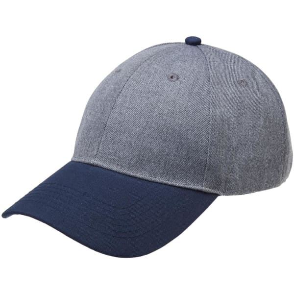 A grey and navy cap with a curved brim and a logo on the front. The cap features a heathered texture.