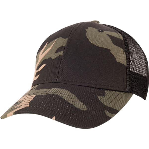 A trucker cap in black camo design with mesh backing and a curved brim. Features a logo on the front.